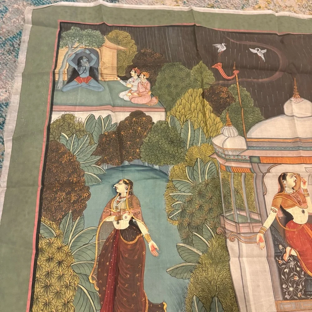Vintage Large Hand Painted Indian Art Tapestry Silk Gods Goddesses Krishna Radha